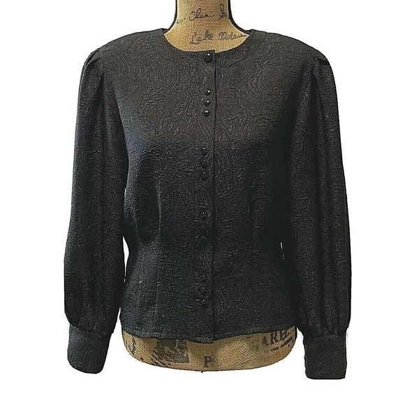 Ship n Shore Tops - VTG Ship N Shore Blouse 8 Black Embossed Fitted Waist Puff Sl Button Top